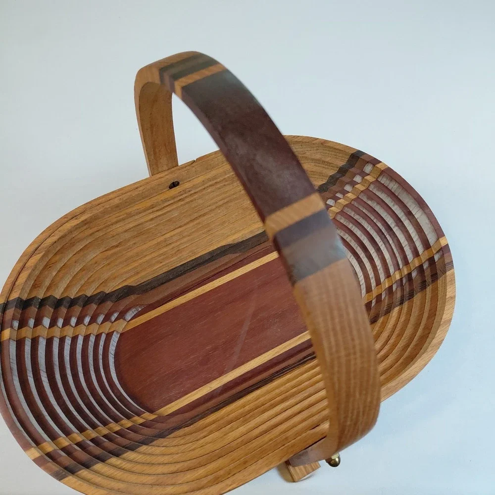 Vintage Deep Spring Collapsible Wooden Basket Tri-Color Wood Bowl Folding Signed